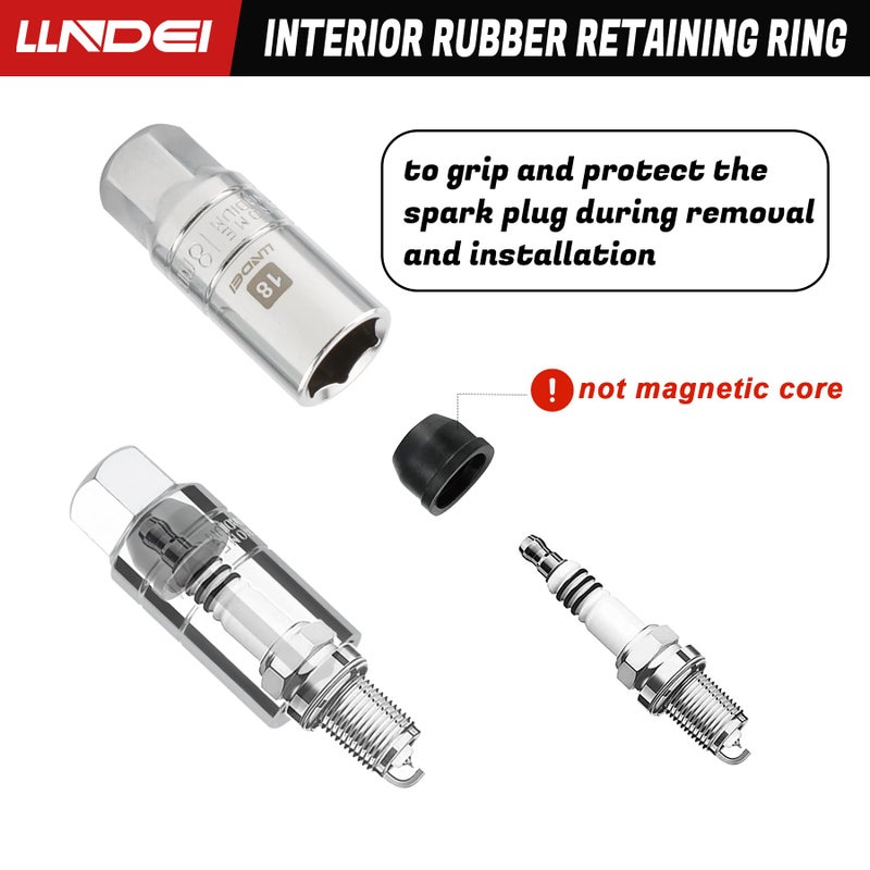 LLNDEI 3/8-Inch Drive Spark Plug Socket Set 7PCS  SAE & Metric  5/8-inch  3/4-inch  13/16-inch  14mm  18mm  CR-V Steel Mirror Finish Sockets with Rubber Retaining Rings  Universal Joint  Extension Bar - Image 3